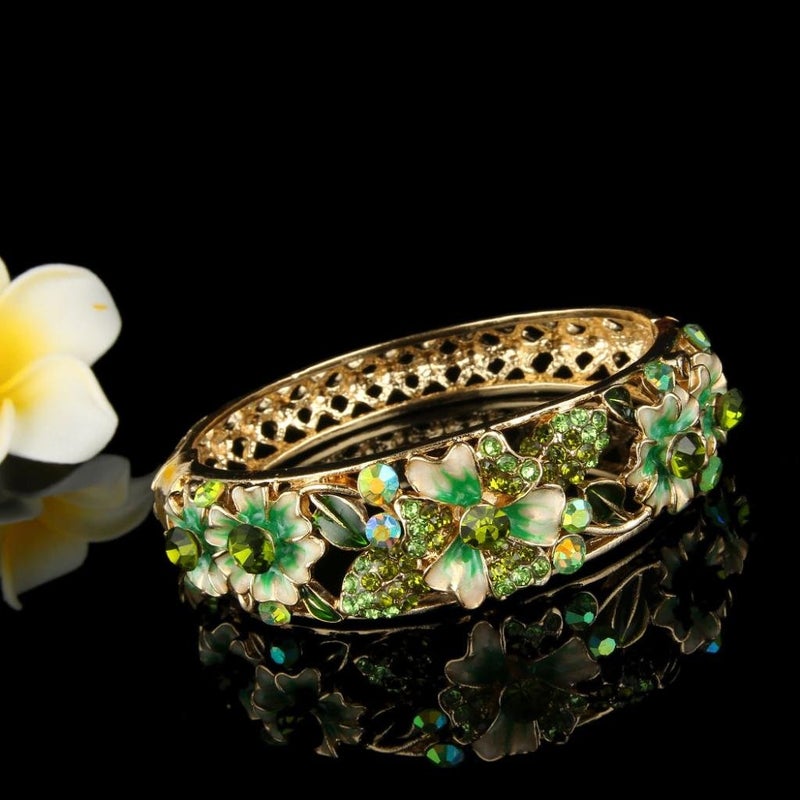 EleQueen Women's Gold-tone Austrian Crystal Enamel Flower Leaf Bangle Bracelet Green - Image 2